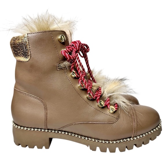 Cecelia New York Trekker Combat Boots Taupe Brown Tan Faux Fur Gold SZ 7.5 - Picture 6 of 16